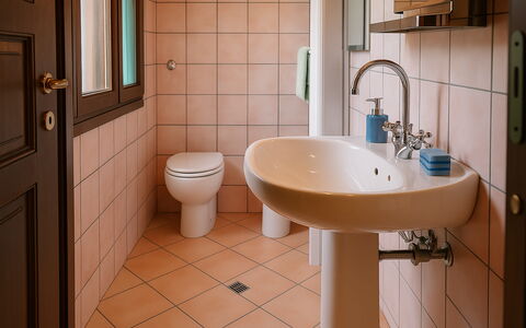 Casa Carletto, Abruzzo: Bathroom Sink, Bathroom, Plumbing Fixture, Sink, Toilet Seat, Toilet, Tap, Interior Design, Plumbing, Flooring