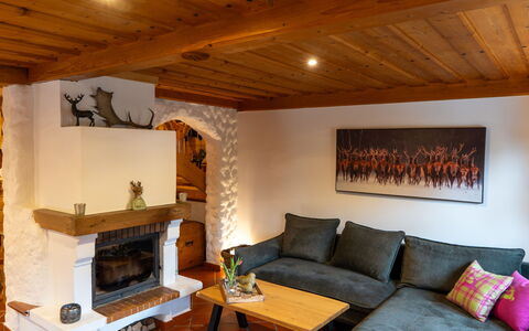 Oase im Grünen: Furniture, Interior Design, Flooring, Wall, Wood, Floor, Room, Couch, Ceiling, Living Room