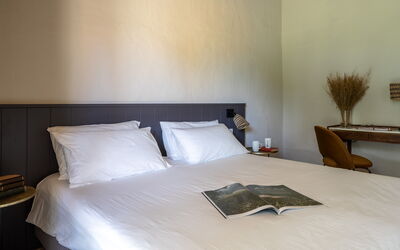 Relais Badia a Passignano - Appartamento Malvasia: Bed, Bedroom, Bedding, Bed Sheet, Wall, Interior Design, Furniture, Wood, Linens, Floor