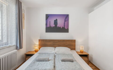 Horalka: Bed, Interior Design, Bedding, Furniture, Bedroom, Floor, Flooring, Bed Sheet, Wall, Room