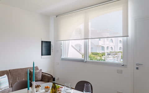 Perla Costa Conero: Interior Design, Window Covering, Furniture, Apartment, Window Treatment, Room, Glass, Ceiling, Chair, Living Room