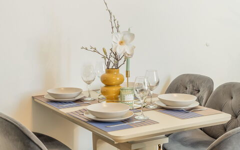 Prague Centre 109: Furniture, Interior Design, Wood, Table, Flooring, Chair, Tableware, Dining Room, Floor, Kitchen & Dining Room Table