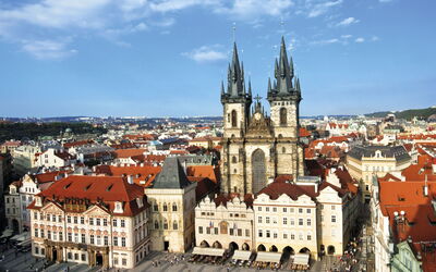 Prague Centre 109: Building, City, Urban Area, Facade, Town, Steeple, Landmark, Spire, Architecture, Medieval Architecture