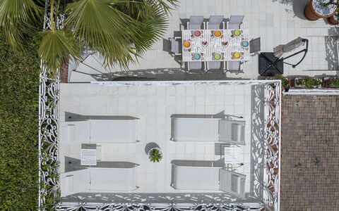 Villa Solaris: Furniture, Outdoor Furniture, Chair, Table, Outdoor Table, Flowerpot, Shade, Balcony, Courtyard