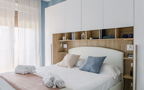Altamarea Apartment: Furniture, Bed, Bedroom, Interior Design, Bedding, Bed Sheet, Wood, Linens, Room, Floor