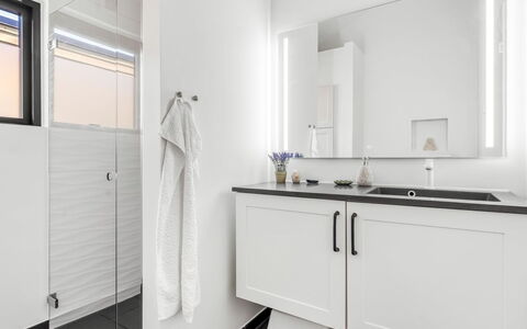 Merve - 250M from the Sea: Interior Design, Flooring, Plumbing Fixture, Floor, Sink, Bathroom Cabinet, Tap, Countertop, Cabinetry, Bathroom