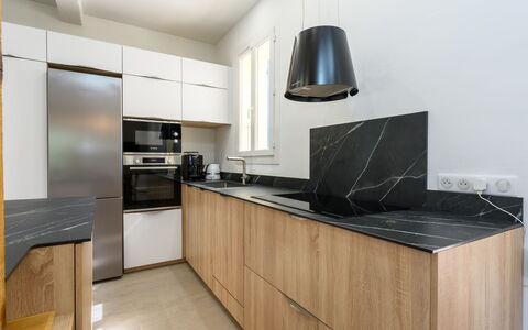 Mas de Caussagues: Countertop, Kitchen, Kitchen Appliance, Wood, Flooring, Cabinetry, Interior Design, Furniture, Home Appliance, Floor