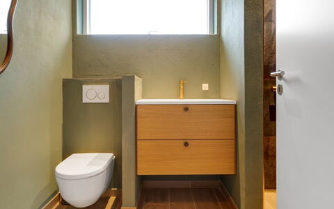 Vilppu - 900M from the Sea: Bathroom, Plumbing Fixture, Wall, Flooring, Bathroom Sink, Interior Design, Floor, Bathroom Cabinet, Toilet, Sink