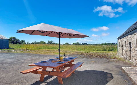 Kerdro: Sky, Roof, Outdoor Furniture, Cottage, Outdoor Table, Picnic Table, Shade, Estate, Lawn, Farmhouse