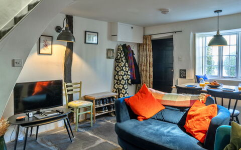 Cornwall Old Stone Cottage: Furniture, Interior Design, Flooring, Floor, Ceiling, Couch, Lighting, Living Room, Room, Chair
