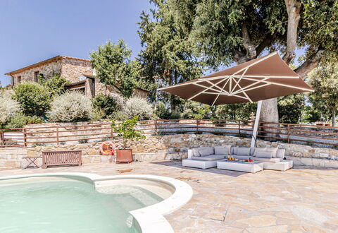 Villa Anna: Outdoor Furniture, Umbrella, Furniture, Chair, Swimming Pool, Outdoor Table, Shade, Flagstone, Patio, Garden