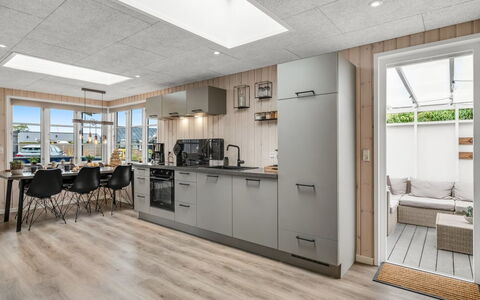 Urda - 50M from the Sea: Flooring, Interior Design, Wood, Ceiling, Floor, Kitchen, Furniture, Apartment, Countertop, Room