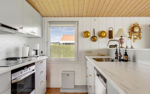 Fani - 150M from the Sea: Kitchen, Countertop, Wood, Flooring, Interior Design, Kitchen Appliance, Cabinetry, Ceiling, Lighting, Home