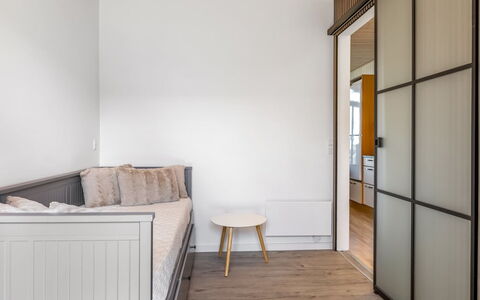 Kjera - 2.4Km from the Sea: Flooring, Floor, Wood, Furniture, Interior Design, Wood Flooring, Bedroom, Bed, Lighting, Ceiling