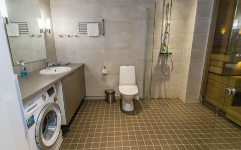 Ruka Ski Chalets Ii Huoneisto 2605: Flooring, Floor, Interior Design, Plumbing Fixture, Washing Machine, Bathroom, Sink, Plumbing, Tap, Toilet