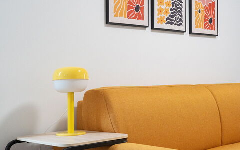 Aselli Home: Furniture, Yellow, Interior Design, Couch, Living Room, Table, Floor, Orange, Flooring, Lighting