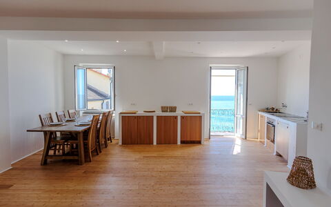 Newly Renovated Ocean View Flat: Flooring, Wood, Floor, Furniture, Wood Flooring, Hardwood, Chair, Wood Stain, Sea, Kitchen & Dining Room Table