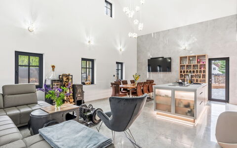 Party & Friends & Pool Villa: Interior Design, Furniture, Flooring, Ceiling, Couch, Floor, Living Room, Chair, Lighting, Room
