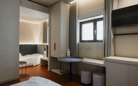 Deb&spa: Interior Design, Ceiling, Bedroom, Bed, Bed Frame, Bedding, Hotel, Light Fixture, Curtain, Bed Sheet