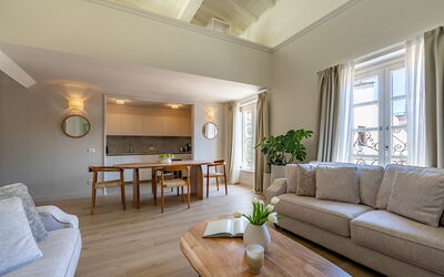 Deservi Elegant Apt. Botticelli: Furniture, Interior Design, Flooring, Wood, Ceiling, Floor, Couch, Table, Room, Living Room