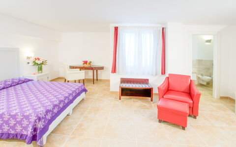 Villa Fico D'india 1: Furniture, Interior Design, Floor, Flooring, Table, Room, Ceiling, Bedroom, Chair, Bed
