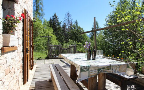 Baita Costa Di Gial: Wood, Furniture, Cottage, Porch, Outdoor Table, Chair, Outdoor Furniture, Kitchen & Dining Room Table, Hardwood, Wood Stain