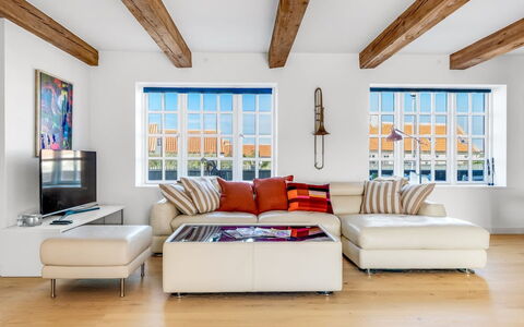 Albine - 150M from the Sea: Furniture, Interior Design, Couch, Flooring, Floor, Living Room, Wood, Ceiling, Apartment, Room