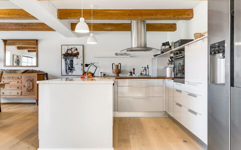Albine - 150M from the Sea: Kitchen, Furniture, Countertop, Cabinetry, Flooring, Kitchen Appliance, Interior Design, Wood, Floor, Ceiling