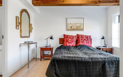 Albine - 150M from the Sea: Furniture, Bed, Interior Design, Bedroom, Flooring, Floor, Wall, Bedding, Wood, Bed Sheet