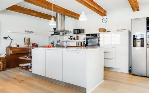 Albine - 150M from the Sea: Kitchen, Furniture, Countertop, Kitchen Appliance, Flooring, Cabinetry, Interior Design, Major Appliance, Wood, Floor