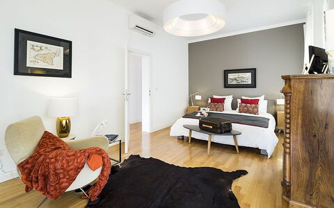 Penthouse: Furniture, Interior Design, Flooring, Bed, Floor, Wall, Bedroom, Room, Wood, Ceiling