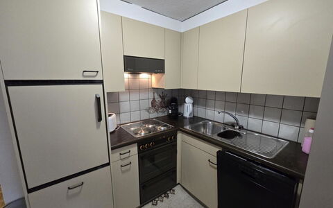 Ferienwohnung Selva: Kitchen Appliance, Kitchen, Major Appliance, Countertop, Kitchen Sink, Cabinetry, Flooring, Kitchen Stove, Stove, Sink