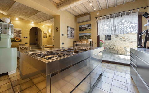 Villa Belchianti: Kitchen, Interior Design, Flooring, Countertop, Ceiling, Furniture, Lighting, Floor, Room, Kitchen Appliance