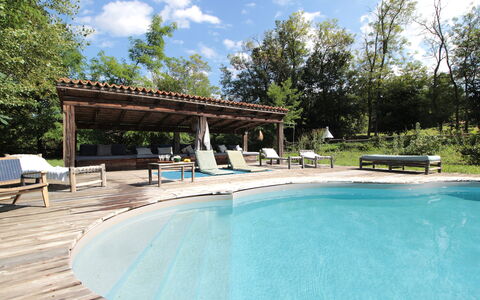 Villa Poggio Zucchino, Pool, Wellness, Piacenza: Swimming Pool, Furniture, Outdoor Furniture, Resort, Chair, Shade, Composite Material, Sunlounger, Outdoor Table, Leisure