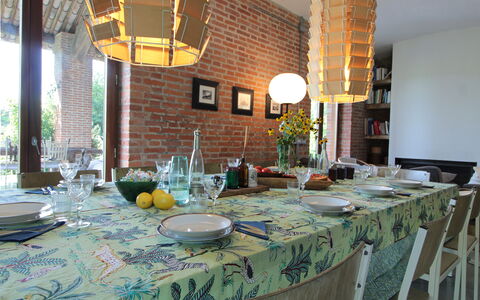 Villa Poggio Zucchino, Pool, Wellness, Piacenza: Furniture, Interior Design, Table, Chair, Wood, Light Fixture, Dining Room, Lighting, Kitchen & Dining Room Table, Chandelier