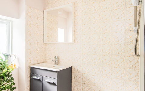 Highland Cottage: Flooring, Interior Design, Floor, Plumbing Fixture, Bathroom, Bathroom Cabinet, Ceiling, Tile, Plumbing, Room