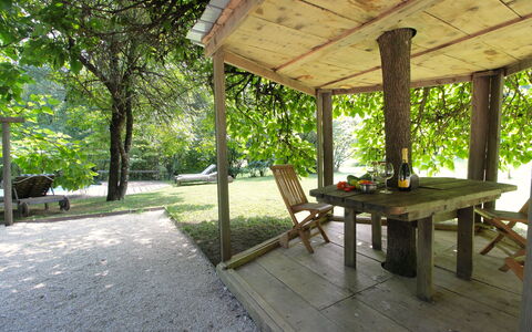 Chalet Fagarè, Pool, Sauna, Prosecco Hills: Furniture, Wood, Outdoor Furniture, Shade, Table, Outdoor Table, Porch, Chair, Hardwood, Outdoor Structure