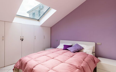 By Center and Sea: Bedroom, Bed, Wall, Interior Design, Furniture, Wood, Floor, Bedding, Flooring, Pink
