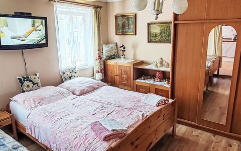 Jiřetínská Chaloupka: Furniture, Bed, Bedroom, Bedding, Interior Design, Bed Sheet, Wood, Floor, Linens, Room