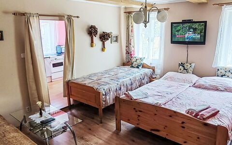 Jiřetínská Chaloupka: Bed, Furniture, Bedroom, Interior Design, Bedding, Bed Sheet, Wood, Floor, Linens, Flooring