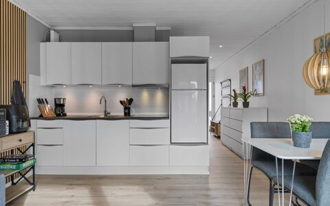 Asfrid - 80M from the Sea: Furniture, Kitchen, Interior Design, Flooring, Countertop, Kitchen Appliance, Cabinetry, Floor, Wood, Wood Flooring