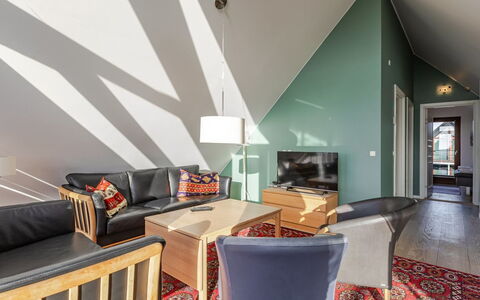 Thomine - 2.5Km from the Sea: Flooring, Floor, Ceiling, Interior Design, Furniture, Attic, Wood Flooring, Room, Living Room