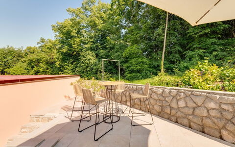 Opatija Matulji 508: Furniture, Outdoor Furniture, Chair, Outdoor Table, Kitchen & Dining Room Table, Garden, Shade, Backyard, Patio, Wood Stain