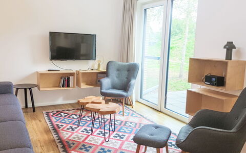 Dünenblick 165 (Seenähe): Furniture, Interior Design, Flooring, Floor, Wood, Chair, Room, Living Room, Table, Wood Flooring