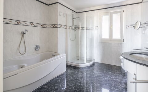 Villa Caroline, Private Pool and Seaview: Flooring, Floor, Plumbing Fixture, Interior Design, Tap, Plumbing, Bathroom, Tile, Ceiling, Room