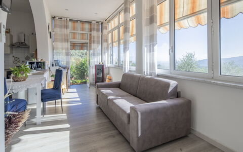 Casa di Bruna Seaview, Albenga: Furniture, Interior Design, Flooring, Wood, Floor, Couch, Table, Chair, Room, Living Room