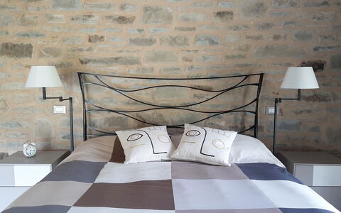Villa Pietra With Pool On Piemonte Hills: Bed, Bedroom, Bedding, Bed Sheet, Furniture, Flooring, Linens, Interior Design, Bed Frame, Floor