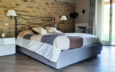 Villa Pietra With Pool On Piemonte Hills: Furniture, Bed, Bedroom, Bedding, Interior Design, Bed Sheet, Flooring, Wood, Floor, Linens