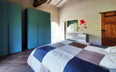 Villa Pietra With Pool On Piemonte Hills: Bedroom, Interior Design, Furniture, Flooring, Bed, Wood, Floor, Bed Sheet, Ceiling, Bedding