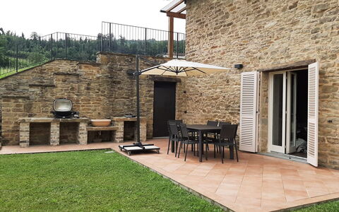 Villa Pietra With Pool On Piemonte Hills: Door, Home, Brick, Porch, Cottage, Flagstone, Outdoor Furniture, Shade, Brickwork, Backyard
